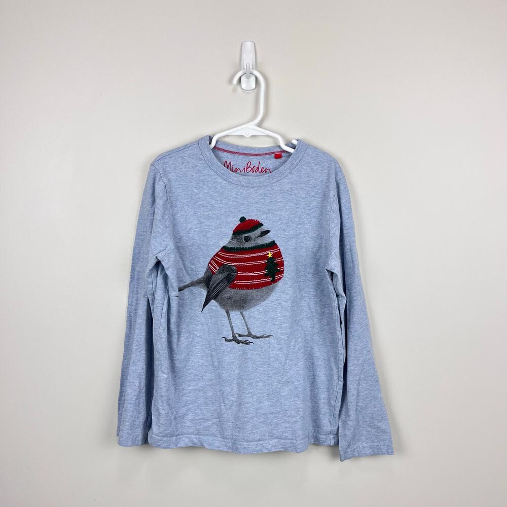 Mini Boden Superstich Holiday Bird Applique T-Shirt 9-10